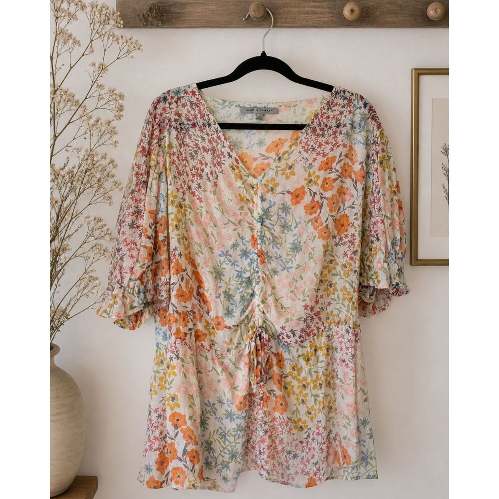 Y2K Floral Peasant Blouse 3X Boho Cottagecore Romantic Whimsical Flowy Layering